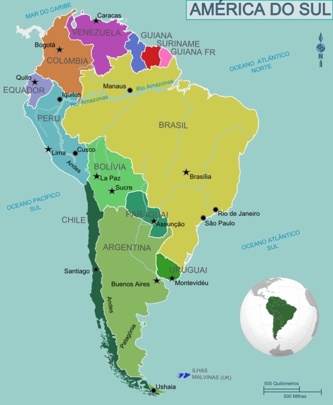 Mapa político de América del Sur con los nombres de los países