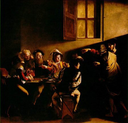 La vocación de San Mateo.  Obra de Caravaggio (1599-1600).
