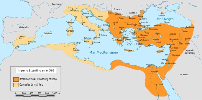 Mapa del Imperio Bizantino bajo el reinado del Emperador Justianian