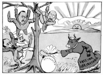 Caricatura sobre la revuelta de la vacuna contra los políticos y el científico Oswald Cruz