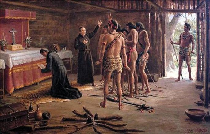 El lienzo Na cabana de Pindobuçu (1920), de Benedito Calixto, retrata a misioneros jesuitas catequizando a indígenas