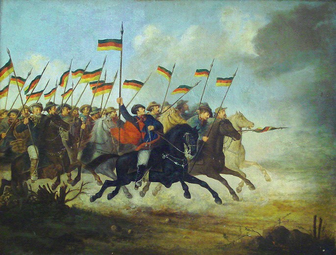 cuadro que representa la revolución farroupilha, de Guilherme Litran, caballos y banderas de los revolucionarios