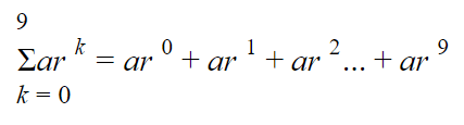 suma de series geométricas finitas: Diagrama que muestra una notación sigma para resumir los primeros 10 términos de una serie geométrica finita