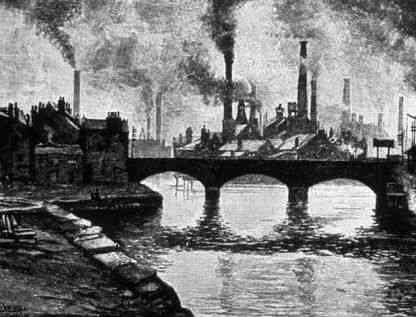 Ilustración de la campiña inglesa durante la Revolución Industrial.  Las grandes chimeneas que echaban humo representaban el desarrollo.